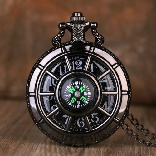 Vintage Hollow Compass Design Pocket Watch Black Starry Round Dial Antique Pendant Clock Retro Gifts Men Fob Pocket Watches