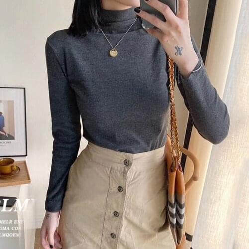 2020 Women Slim Shirt Turtleneck Elastic Tops Long Sleeve Short Shirt Female Autumn Tops and Tees Short Casual Black shirts