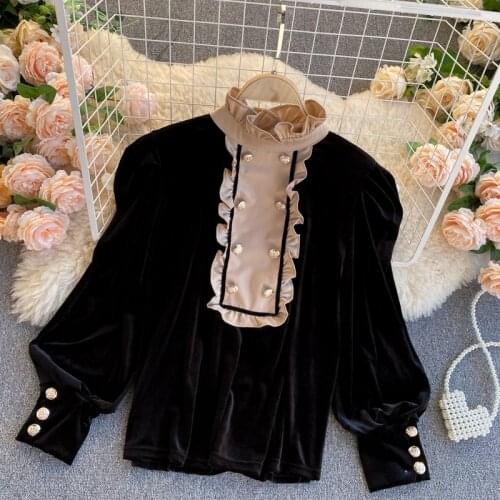 Spring Autumn New 2021 Female Vintage Women Velvet Blouse Casual Stand Collar Double Breasted Puff Long Sleeve Brown/Black Shirt