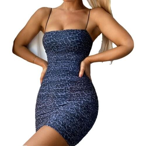 Leopard Print Sexy Sling Short Party Dress Women Tight Slim 2021 New Summer Fashion Hot Pink Blue Red Large Size Feminina CX1439
