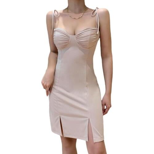 Women’s Fashion Solid Color A-line Dress Sexy V-neck Backless Suspender Split Short Dress