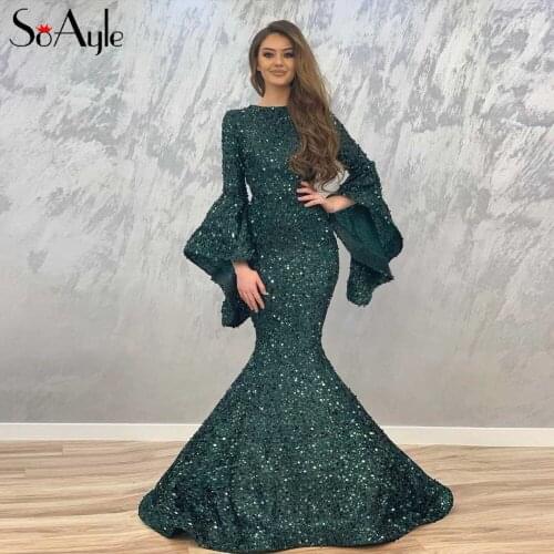 SoAyle Bell Sleeves Prom Dresses 2019 Sequined Lace Embroidery Evening Dress Dubai Prom Dress Sexy Backless Vestidos De festa