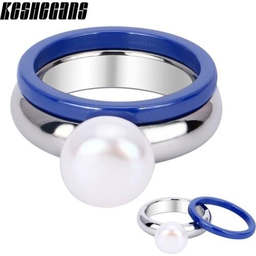 2pcs/Set Blue Color Ceramic Ring Split Big Simulated Pearl Ring Fashion Anti Allergies Healthy Material For Women Trendy Jewelry