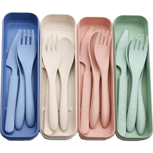 3pcs/4pcs Portable Kids Travel Camping Dinnerware Set Wheat Straw Tableware Set Children Cutlery Knife Fork Spoon Dinner Set