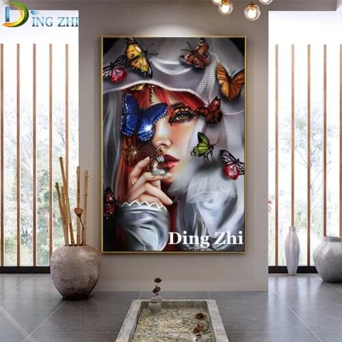 5D Wall art Diamond Painting Beauty Portrait Butterfly Flying Full Square Round Drill Mosaic Cross Stitch Embroidery Wallpaper
