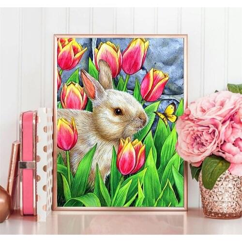 Rabbit Flowers Diy Diamond Embroidery Beauty Diamond Mosaic Drawing Full Square Round Drill Diamond Painting Cross Stitch Decor