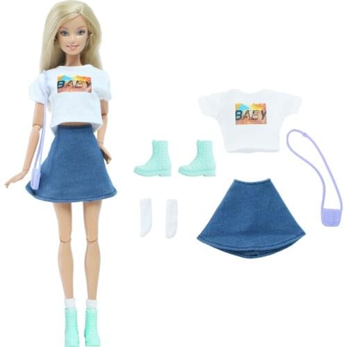 BJDBUS White Cool T-shirt Blue Denim Skirt Sock Boot Shoes Bag Cute Girl Outfit Clothes for Barbie Doll Accessories Toy Gift