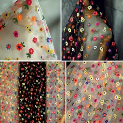 Black White Apricot Soft Mesh Flower Embroidery Lace Fabric DIY Skirt Costume Dress Curtain Table Cloth Decoration Net Fabric
