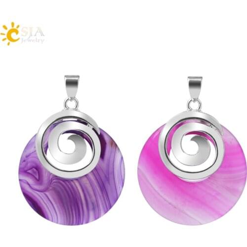 CSJA Natural Red Purple Agates Pendants for Necklace Mother of Pearl Shell White Yellow Spiral Round Shape Howlite Jewelry F829