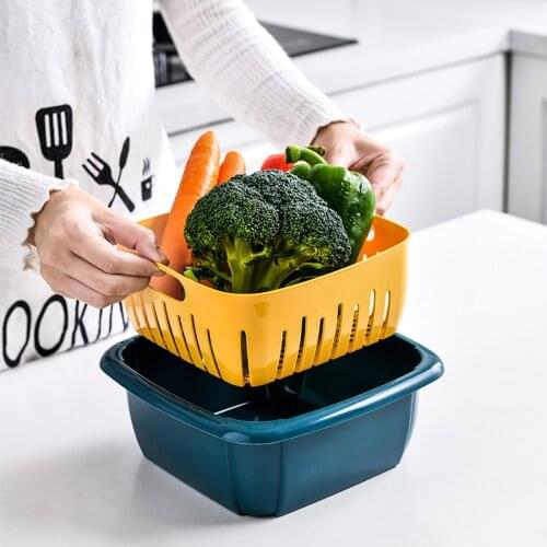 Double-layer Drain Washing Basket with Lid Kitchen Accessories Fresh-keeping Box Plastic Fruit Vegetable Cleaning Basin Storage