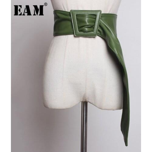 [EAM] 2021 New Spring Summer Pu Leather green Black Big Buckle Personality Long Wide Belt Women Fashion Tide All-match JY325