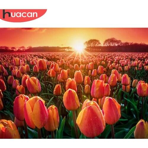 HUACAN Diamond Painting 5d Diy Flower Mosaic Tulip Cross Stitch Embroidery Sunset Scenery Home Decor Diamond Art