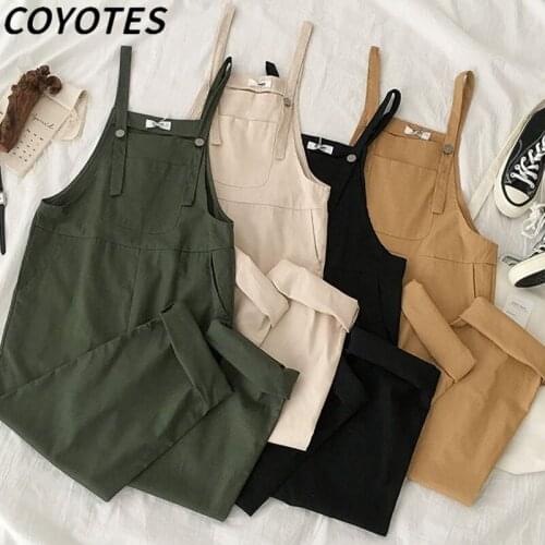 COYOTES Womens Jumpsuits Strap Button Ankle-Length Solid Wide-Leg Pants Women Kawaii BF Harajuku Loose Leisure Trendy All-Match