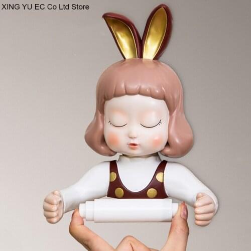 Creative Rabbit Girl Roll Paper Holder Nordic Style Cute Resin Tissue Box Free Punch Wall-mounted Simple Kitchen Household
