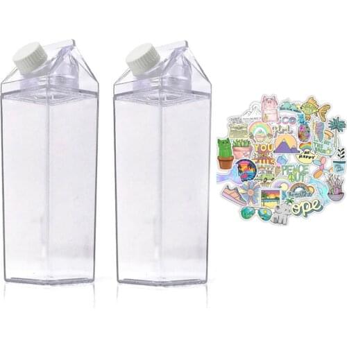 Milk Carton Water Bottle 17oz/34oz Girl VSCO BPA Free Plastic Clear Square Boxes for Women 2PCS with 50pcs Stickers