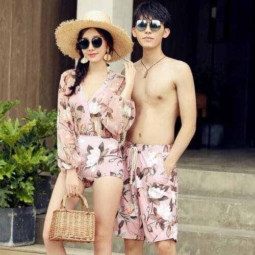 Couple Swimsuit Vacation Men Beach Shorts Sexy Beach Wear V Neck Long Sleeve Bathing Suit Women One Piece Swimsuit Swimming Suit