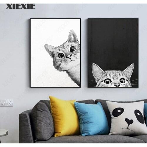Simple Nordic Style Prints Cartoon Cat Posters Canvas Painting Wall Art Black and White Pictures Baby Kids Room Home Decoration