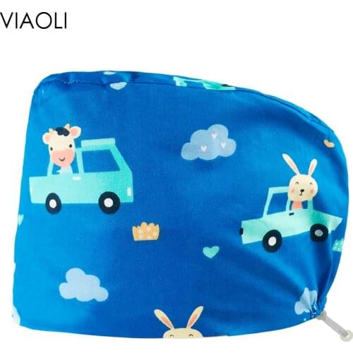 Cute Printing Housework Dust-proof Cap Health Service Scrubs Women Caps Breathable cotton Hat with sweat-absorbent for long hair