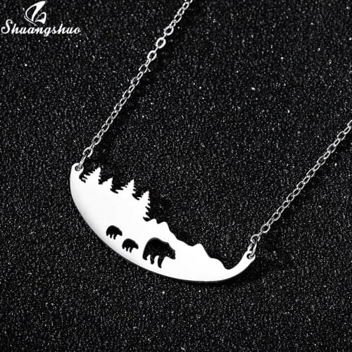 Shuangshuo Moon Shape Hollow Bear Mother Baby Charm Necklace Stainless Steel Animal Bear Choker Jewelry for Mothers Gifts