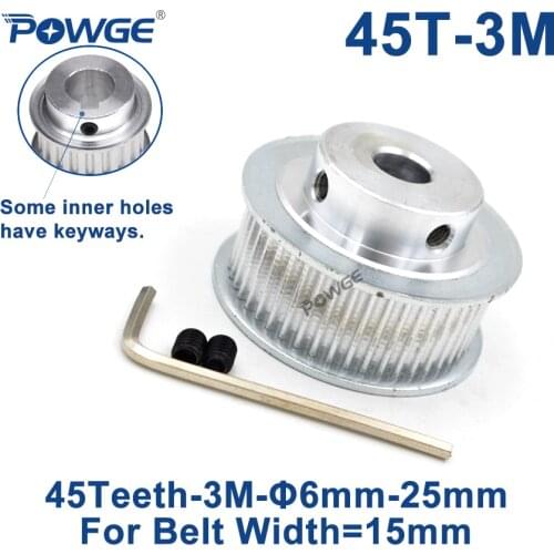 POWGE 45 Teeth HTD 3M Synchronous Pulley Bore 6/8/10/12/14/15/16/17/19/20mm for Width 15mm HTD3M Timing belt 45Teeth 45T