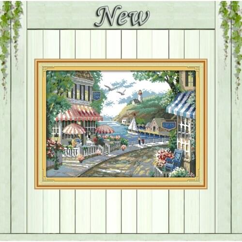 The seaside cafe house flowers Counted print on canvas DMC 14CT 11CT Cross Stitch Needlework kits Embroidery Sets Decor painting