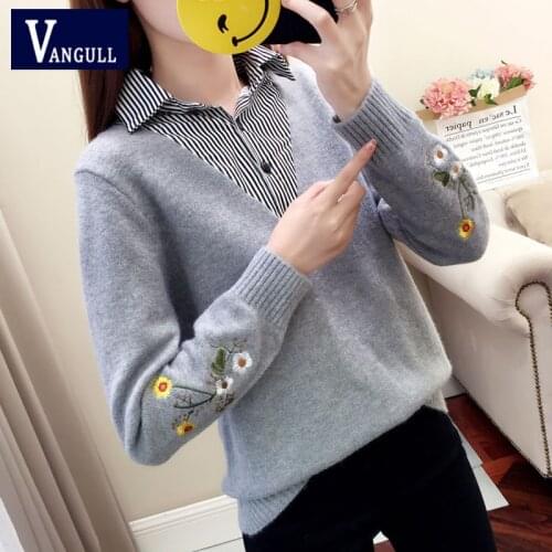 Vangull Knitted Women Sweaters Floral Embroidery Striped Patchwork Female Pullovers Spring Autumn Casual Long Sleeve Sweaters