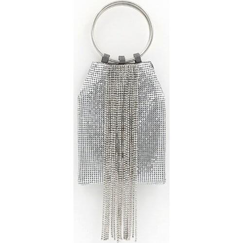 Women Metal Mesh Evening bag Rhinestone Diamond Tassel Clutch Bag Wrist-let Handbag Chain Shoulder Strap For Wedding Party New