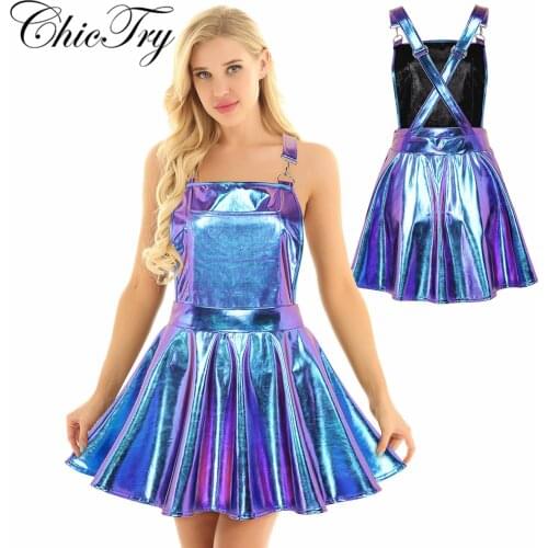 Womens Shiny Metallic Holographic Adjustable Wide Shoulder Straps Pleated Bib Overall Pinafore Dress Braces Suspender Dress