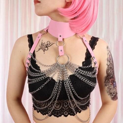 Metal Chain Harness for Women Pink Leather Chest Bondage Lingerie Womens Harness Bra Gothic Suspenders Rave Clothes Punk Belt