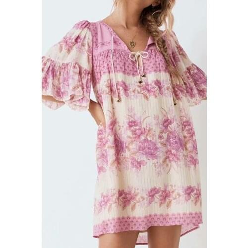 Happie Queens women lace-up pink floral print beach Bohemian loose mini dress Ladies v-neck embroidery Boho dress vestidos