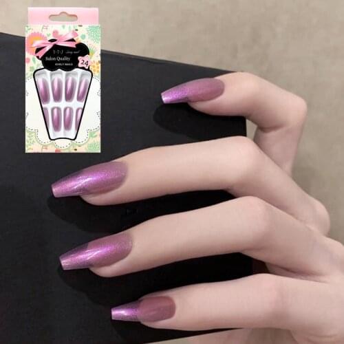24pcs Glossy White False Nails Extra Long Ballerina Coffin Aurora Neon Purle UV Gel Glue On Fake Fingersnails Extention Tool