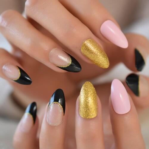 24pcs Stiletto Faux Ongles Pink Nude Professional Artificial Fingernail Supplier Glitter False Nails Extension Tips For Manicure