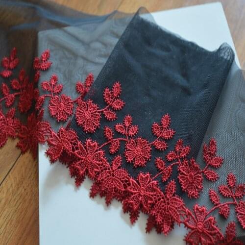 2yds/lot 15CM black gauze red venise floral edge embroidery Hight quality lace fabrics embroidered lace18021205