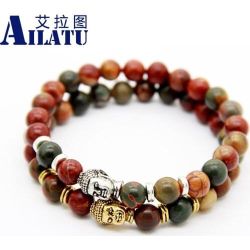 Ailatu Devout Buddhist believers 8mm Natural Stone Mens Beaded Picasso Stretch Buddha Yoga Bracelet