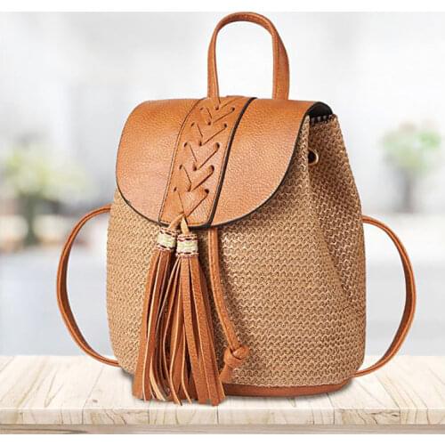 Bohemian Tassel Straw Backpacks for Women Wicker Woven Back Packs for Teenagers Girls Summer Beach Rattan Travel Small Bag 2021