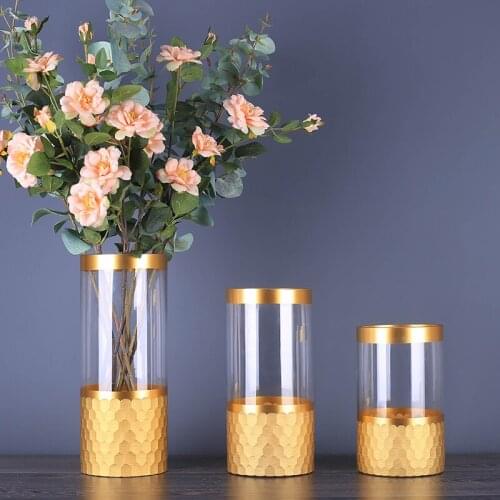 Europe luxury glass vase Gold plating terrarium glass containers Straight flower bottle vases centerpieces wedding home decor J