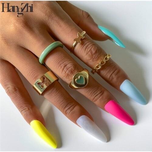 HANGZHI 2021 New Vintage Dripping Oil Heart Butterfly Hollow Metal Geometry Ring Sets Gold Color for Women Girls Party Jewelry