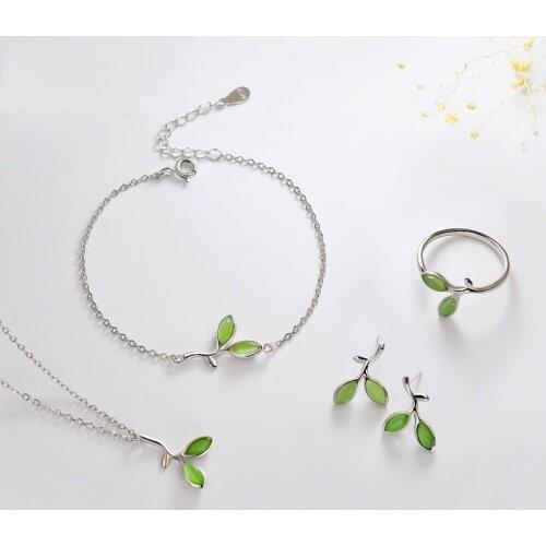Classic Female Leaf Jewelry Set Charm Silver Color Dangle Earrings For Women Cute Green Moonstone Chain Necklace Bracelet Ring