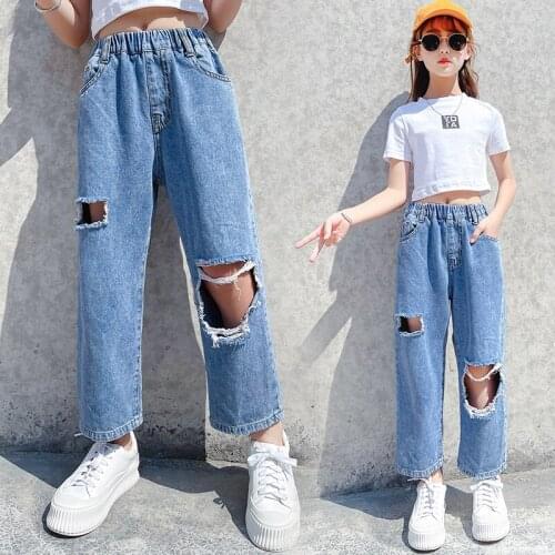 Summer Big Hole Girls Denim Pants 3-15 Years Old Elastic Waist Childrens Trousers Fashion Solid Kids Casual Clothes for Girl