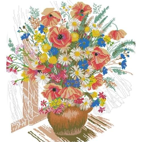 Cross Stitch Kits Stamped of Embroidery Starter Kits for Beginners DIY 11CT 3 Strands -Colorful Flower Vase 24X26.4 Inch