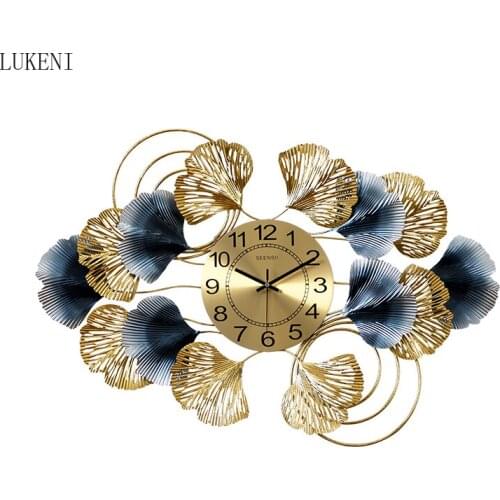 New Chinese Ginkgo Leaf Wrought Iron Wall Clock Wall Hanging Decoration Home Livingroom Wall Mural Crafts Hotel 3D Wall Sticker