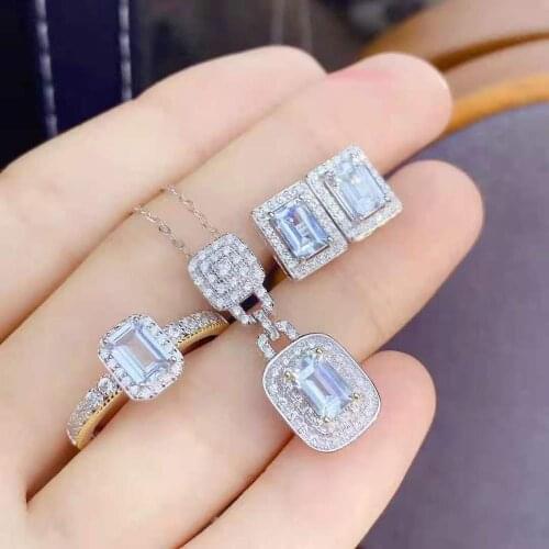 Natural Aquamarine Luxury Earrings Rings Pendants Necklace Set S925 Sterling Silver Fine Fashion Jewelry for Women MeibaPJFS