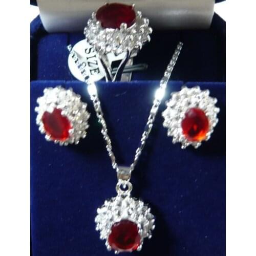 Charming! Red Rhinestone necklace Earring ring Sets>>* plated watch wholesale Quartz stone CZ crystal