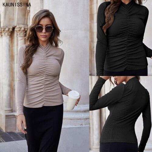 Solid Basic Long Sleeve Womens Tshirt Turtleneck Pleated T-shirt Fashion Womens Spring Autumn Tee Shirt