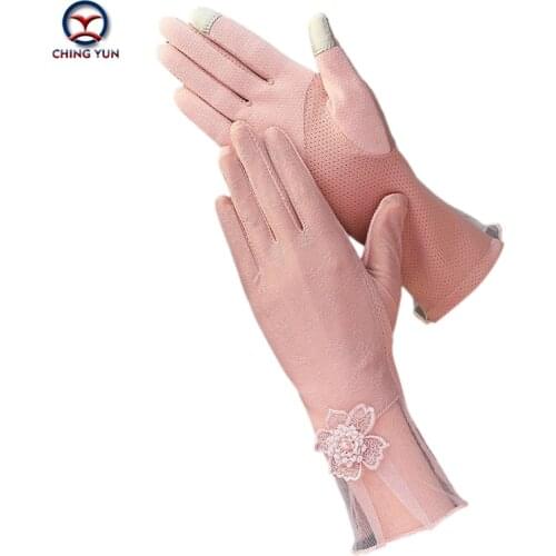 New Summer ice silk sun protection gloves for women ultraviolet-proof thin medium long Driving slip touch screen lace gloves