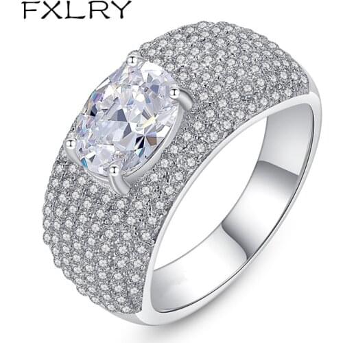 FXLRY Luxury Silver Color Micro CZ Paved Engagement Rings for Women Bride Fashion Jewelry