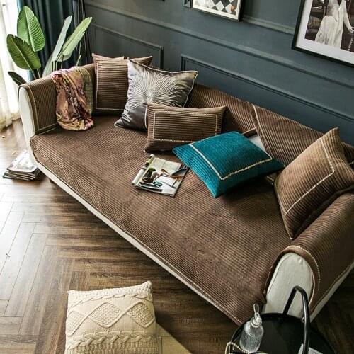 Luxury plush sofa cushion Nordic high-end stripes cushion in winter Thicken non-slip solid color sofa cover towel slipcover