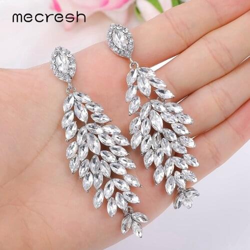 Mecresh Bridal Earrings Luxury Austrian Crystal Cluster Long Drop Horse Eye Earrings Women Silver Color Pandent Wedding Jewelry