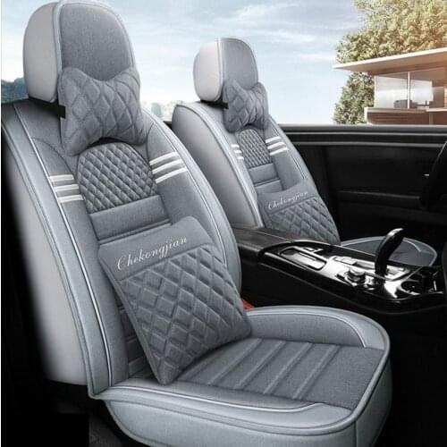 Luxury leather set 5 seats complete car seat covers with universal linen cushion fits for most sedan suv small truck