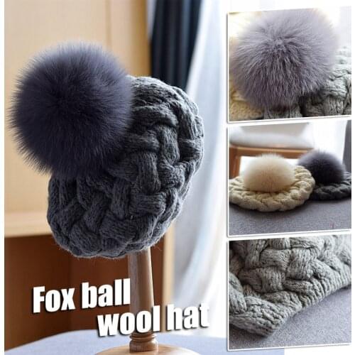 Autumn Winter Knitted Hats Womens Warm Fox Fur Ball Wool Beret Soft Fur Pompom Beret Hats